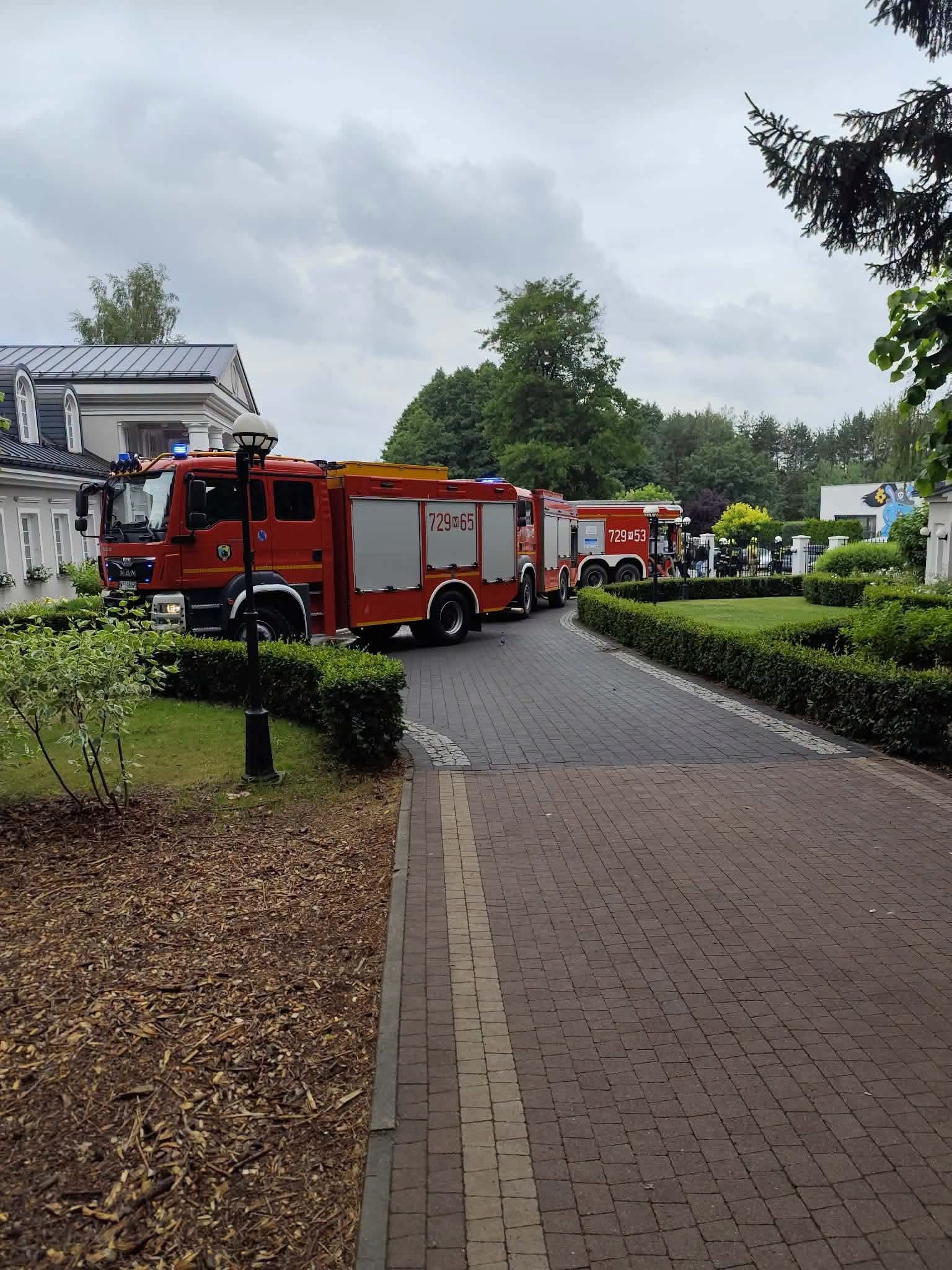 Fire engines during operations at a hotel fire in Tartak Brzozki