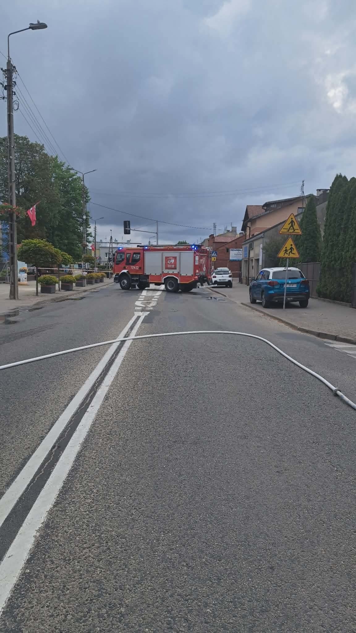 Żyrardów State Fire Service vehicle during operations at a damaged LPG dispenser in Mszczonów